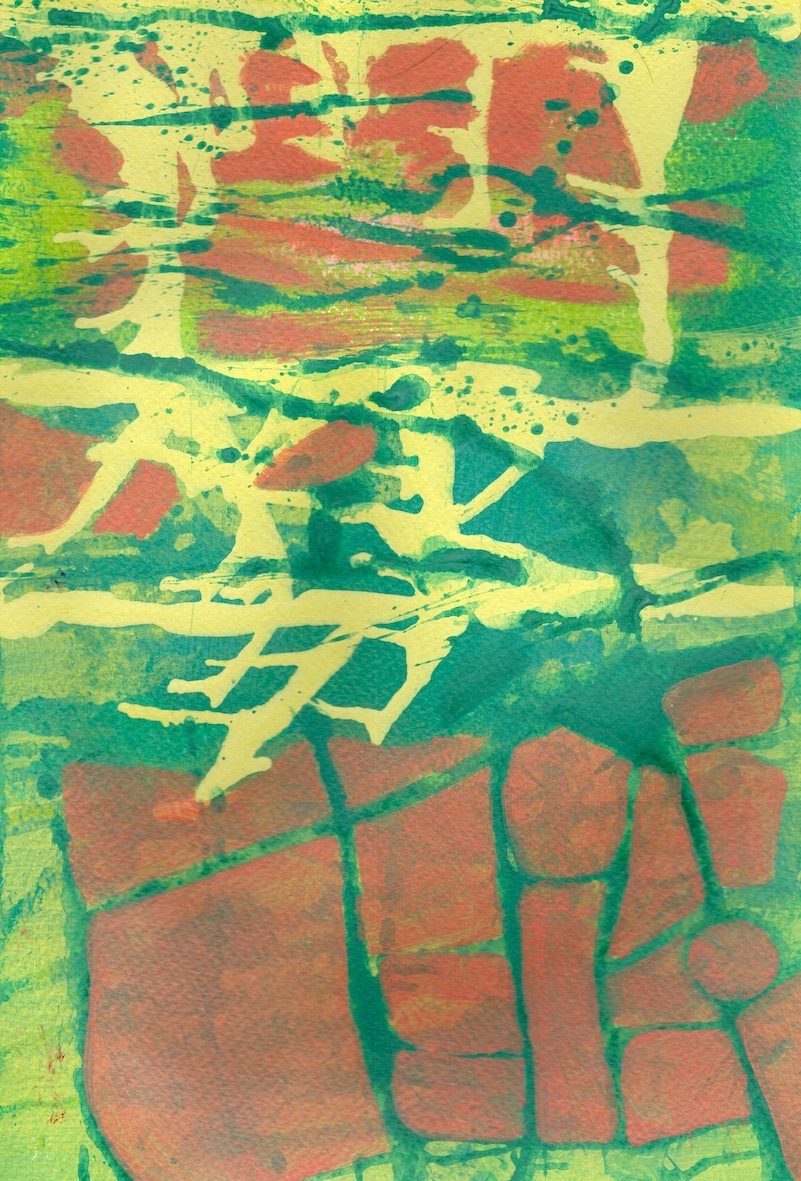 Acrylic on paper.  Invented view from above with layered acrylic paint, shapes similar to fields and splashes of colour