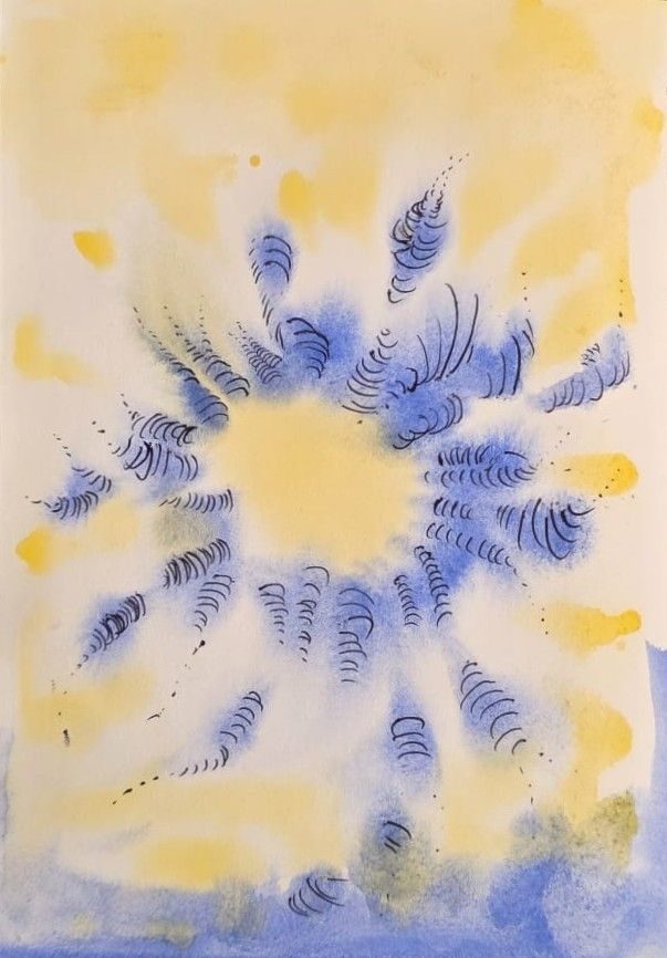 Abstract watercolour in blue and yellow.  Detail of mini cone shaped vorteces creating a sense of falling through to something else