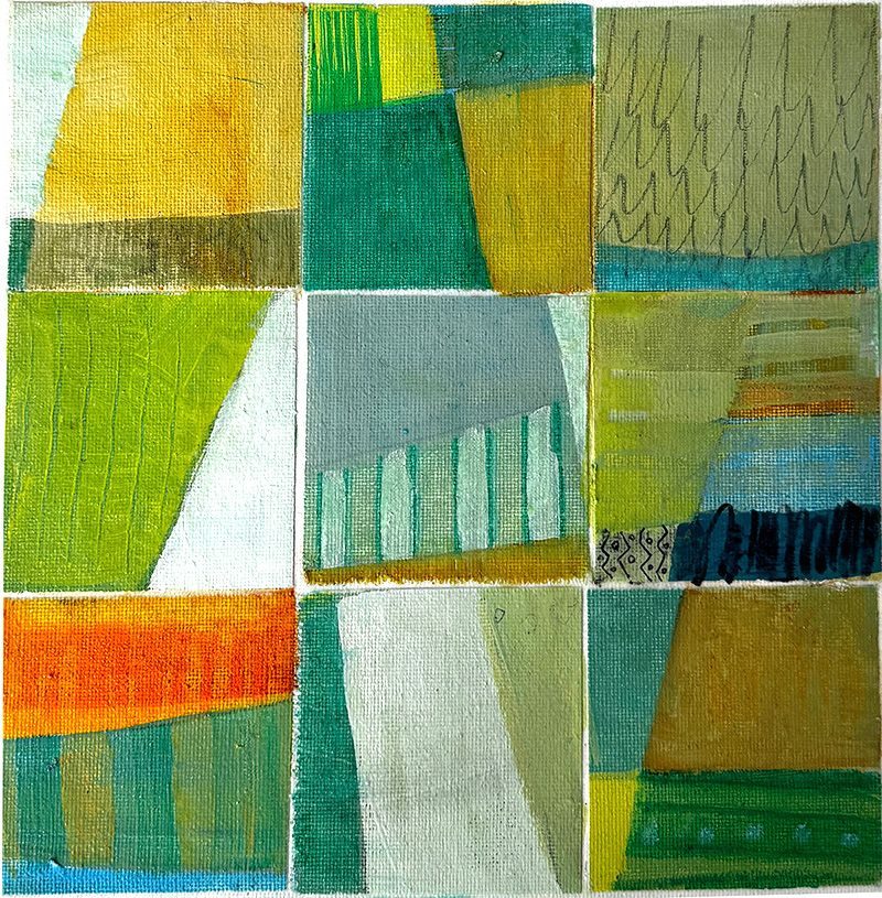 canvas cut in squares and reassembled, earthy colours