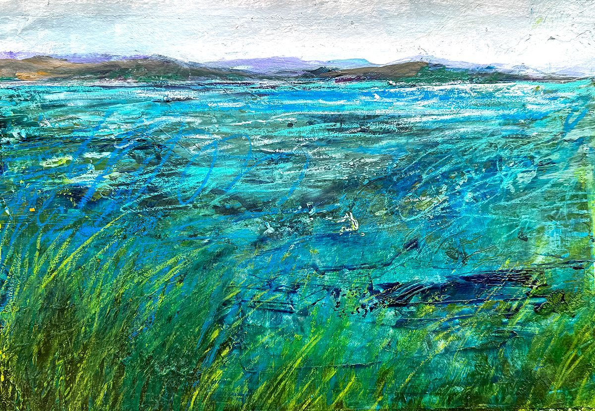 windy ocean, waves, grass in the foreground, hills in the background