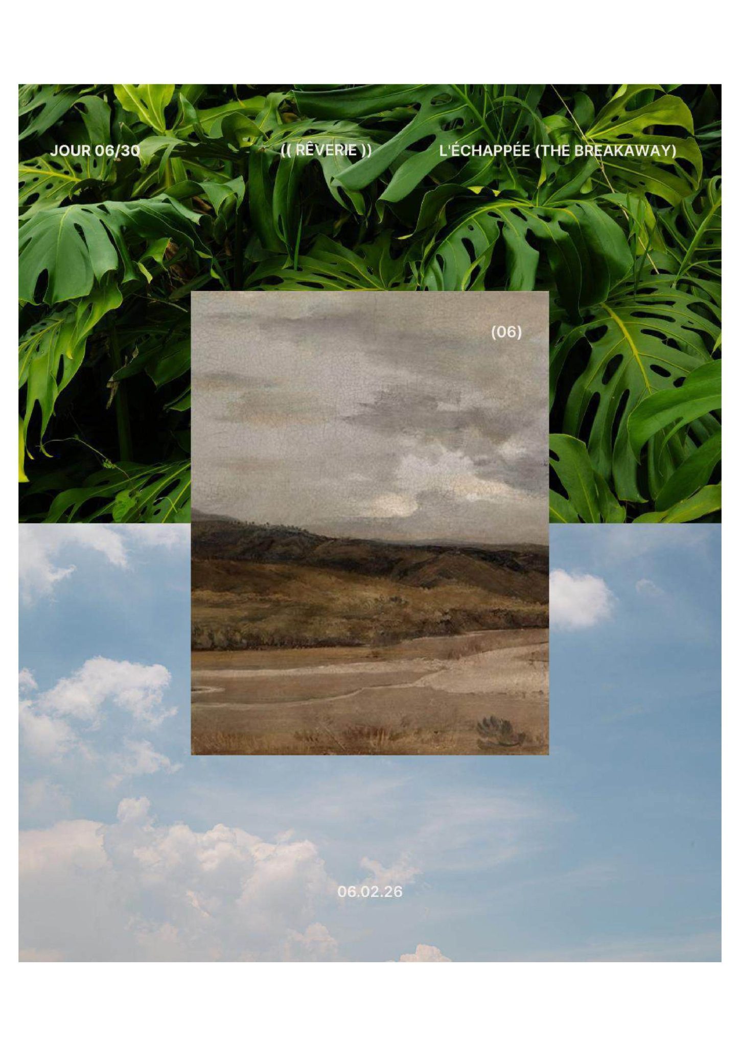 A vibrant split background of lush monstera leaves and blue sky frames a central, muted oil painting of a rural landscape, titled 
