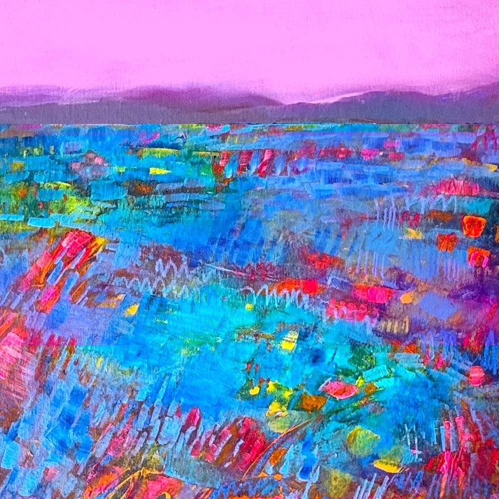 Landscape, pink sky, colourful ocean in various colours