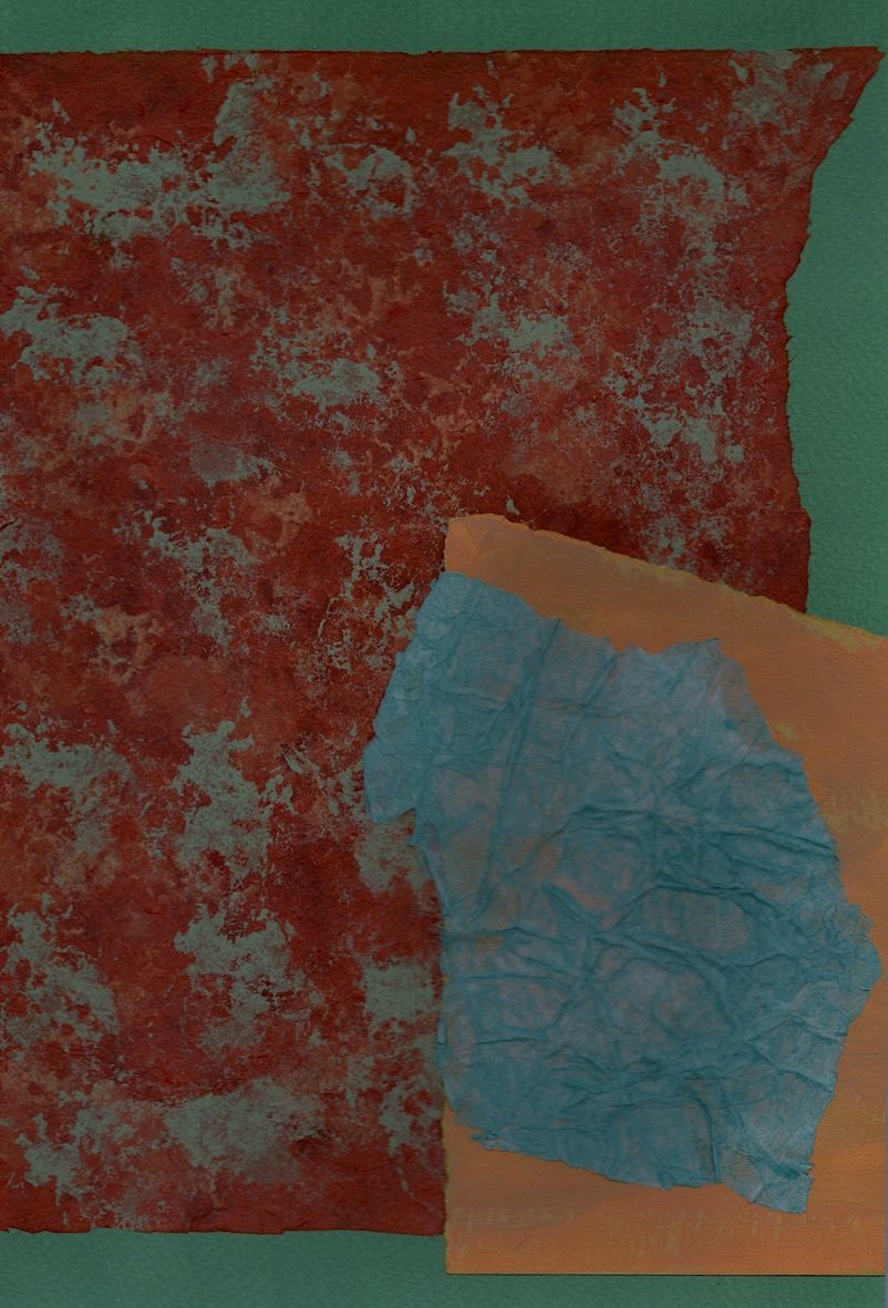 Acrylic collage on 30H x 20W cm watercolour paper.  The watercolour paper is painted with a flat mid-dark tone green.  Collages on top is a torn burn orange thin paper that has paler green sponge painted rosettes.  The paoer has bee torn at the right hand side along its length so that 1.5-2cm of the background colour shows.  The top and bottom are cut straight and show the same amount of border.  To the bottom right is a torn pale orange paper is 17cm high x 10cm width and slopes at the top downwards the right hand edge by 2cm.  On top of this is a shaped and creased torn shape in pale blue.  This goes over the left hand edge of the pale orange a little but stays within the rest of the orange shape by roughly 2cms.