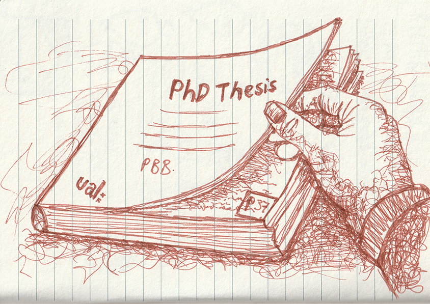 Brown ink drawing on pale blue lined paper showing a close view of a hand turning the page of a thick book labelled ‘PhD Thesis’. A hand grips the corner of a page mid turn, with dense cross hatching describing the fingers and palm. On the open page, handwritten text reads ‘PhD Thesis’ with short horizontal lines beneath, and the initials ‘PBB’. Smaller handwritten notes on the page edges include ‘p37’.