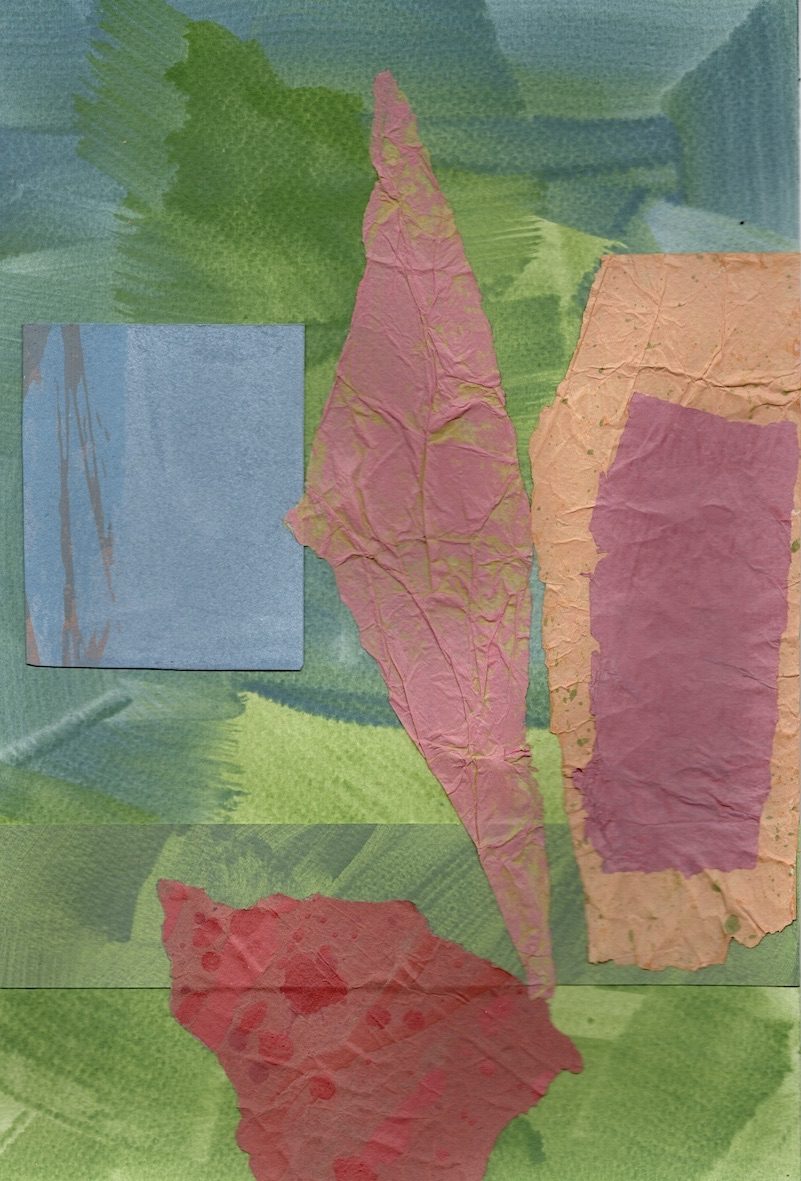 Acrylic painted background in green and blue on watercolour paper, 30 cm Height by 20 cm Width.  Collaged on this are three forms, roughly centred across the paper. Left to right the first is a blue cut oblong placed 1cm in from the edge.  It has a height of 8.7 cm and width of 7 cm.  The second form is a torn diamond shape in pale pink and lemon and is 2cm from the top of the paper. It slightly overlaps the blue form at both their centres and has a crinkled texture.   It has a height of 23cm and width of 6cm at its centre.   Touching this at its centre point is the third form which is 6.5 cm from the top edge of the paper.  The top edge of the form is cut as is the right hand edge which is cut flush with the base paper. The left hand edge which touches the second form is torn as is the bottom edge.  The cut top edge is angled to the left for 6cm.   The size is 17 cm Height by 5.5 cm Width at its largest point.  On top and inside the perimeter of this form is a darker pink torn shape, slightly angled to the left.  Its size is 12 cm Height by  5 cm Width.  There is a 4 cm band of darker green cut collage that goes edge to edge across the base paper and is 5 cm from the bottom edge.  Forms 2 and 3 rest on this green band.  Over lapping and underneath the band is a textured red shape which centred, torn on 3 sides and cut to the bottom edge of the base. It has a 7.5 cm Height and 10 cm Width and is slanted to the left.