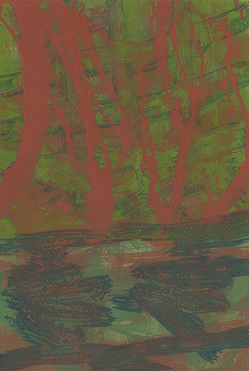 Acrylic paint on watercolour paper. 30cm Height by 20cm Width.  Abstract layered brush marks. Top 18cm has red tree like structure on top of light and dark green brush marks going horizontally and at an upwards angle across the page.  Under this are larger broken brush marks in a darker greeny blue with two unbroken ones across this section at the top and bottom.