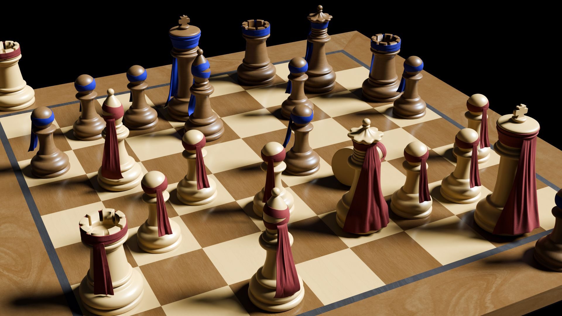 A chess board where the pieces are blindfolded instead of the player.