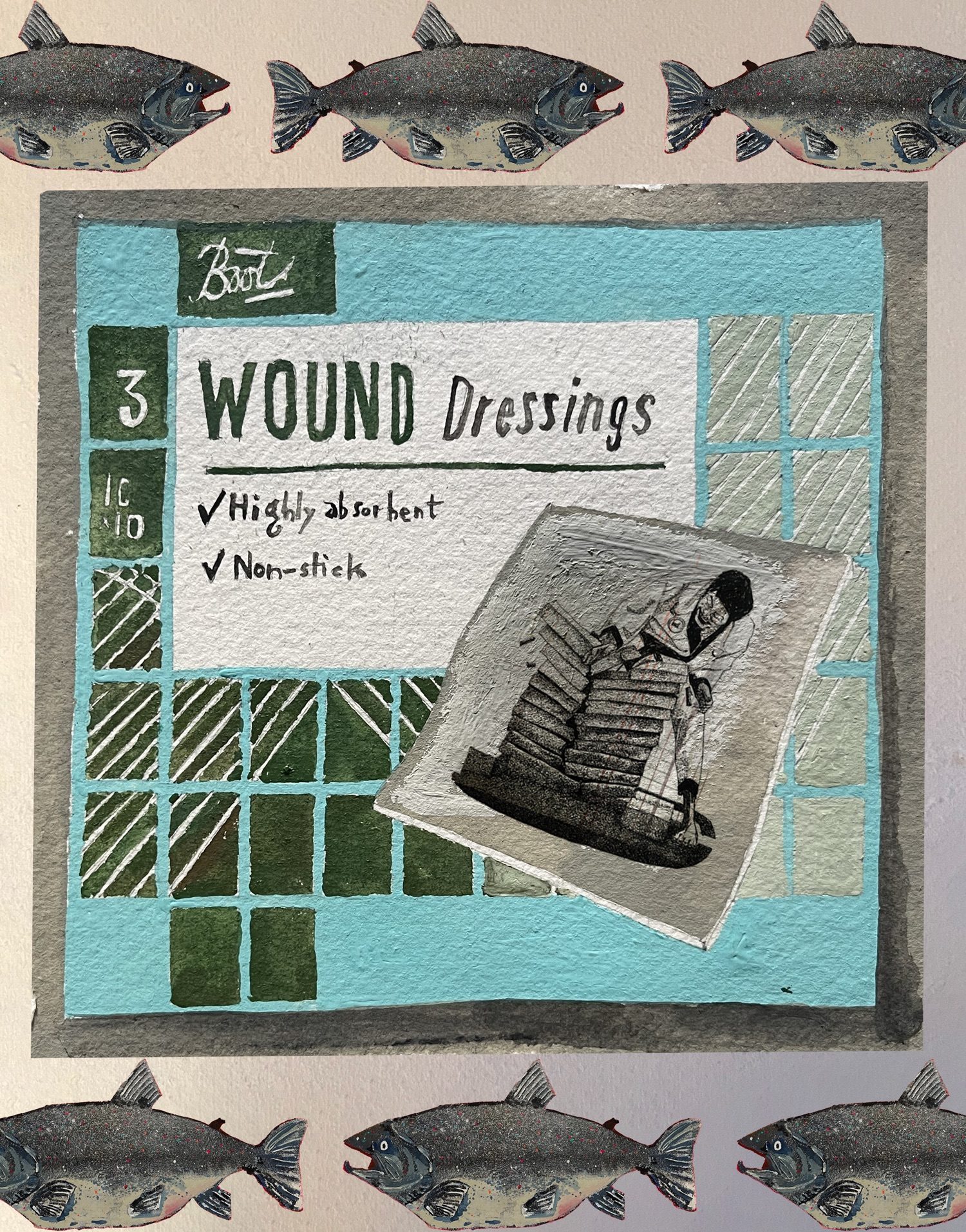 Painting of a packet of wound dressings with some text