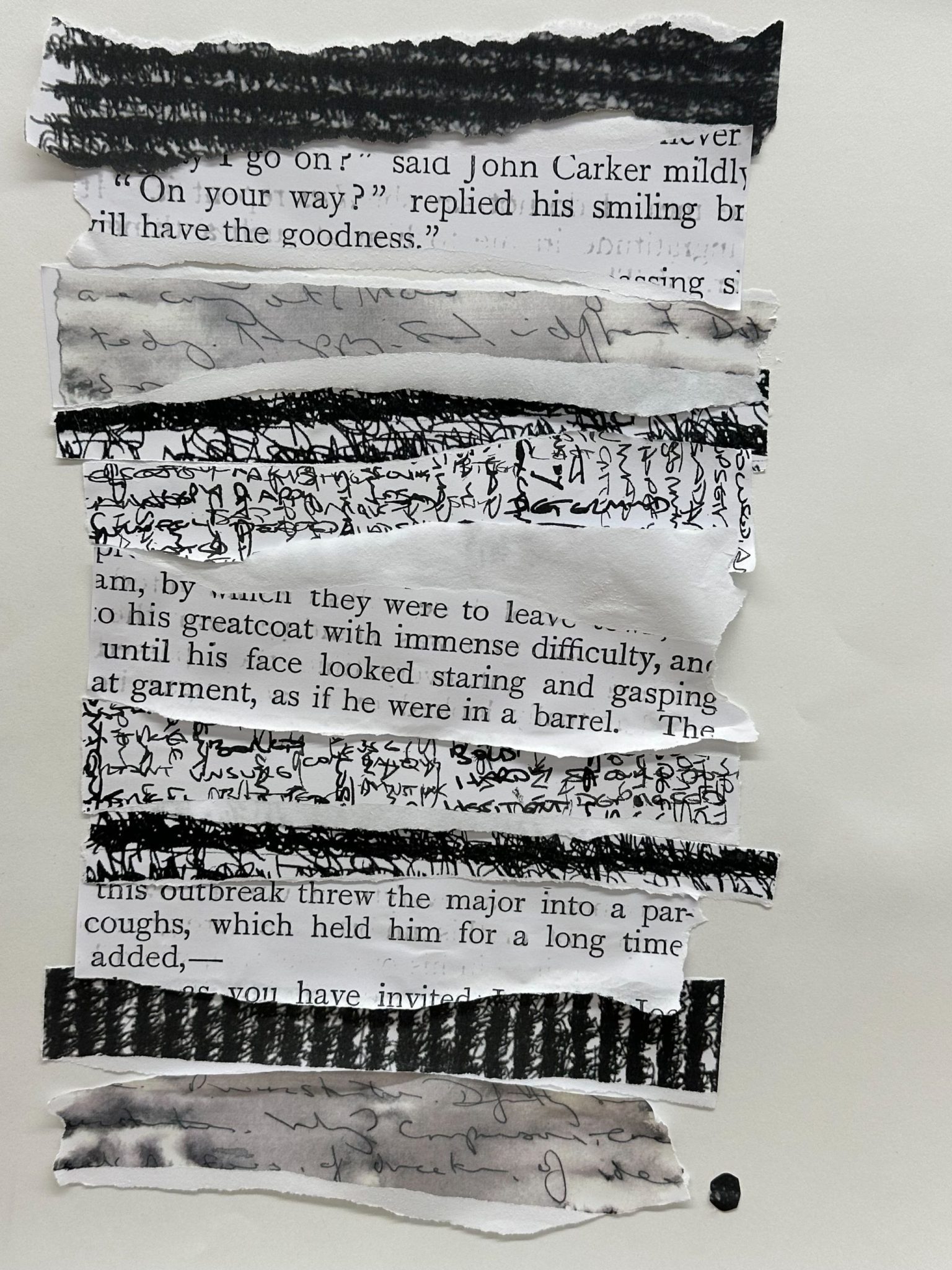 Torn strips of paper from a book and from journal stuck on piece of paper to look like another piece of writing