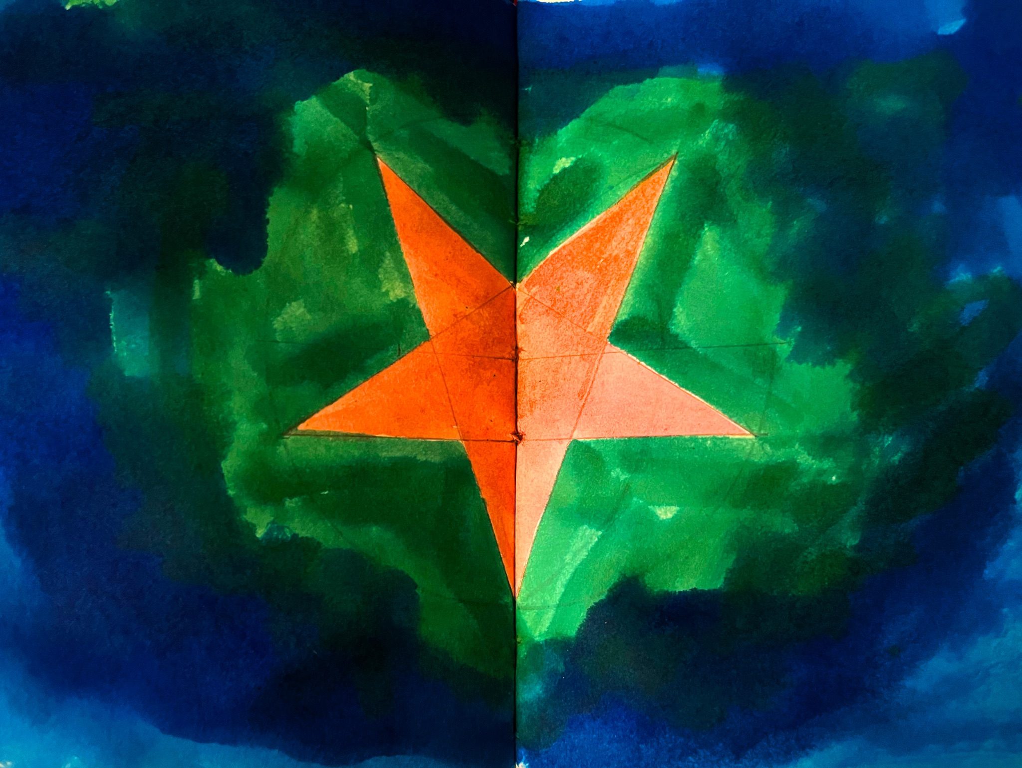 Pentagram drawn with a compass, coloured with natural inks