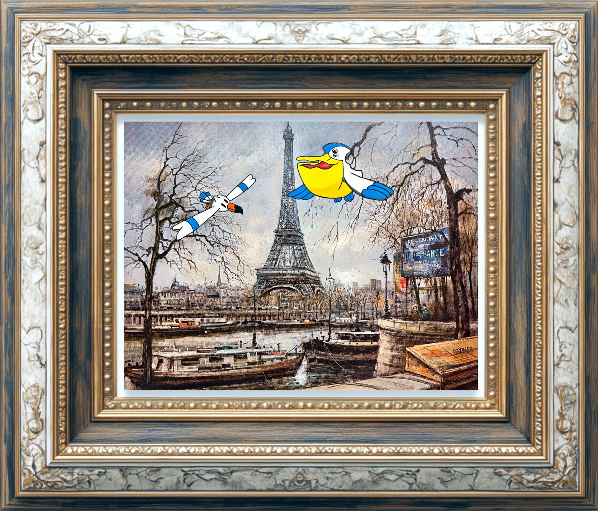 Peliper and Wingull painted on top of a charity shop art print of the Eiffel Tower.