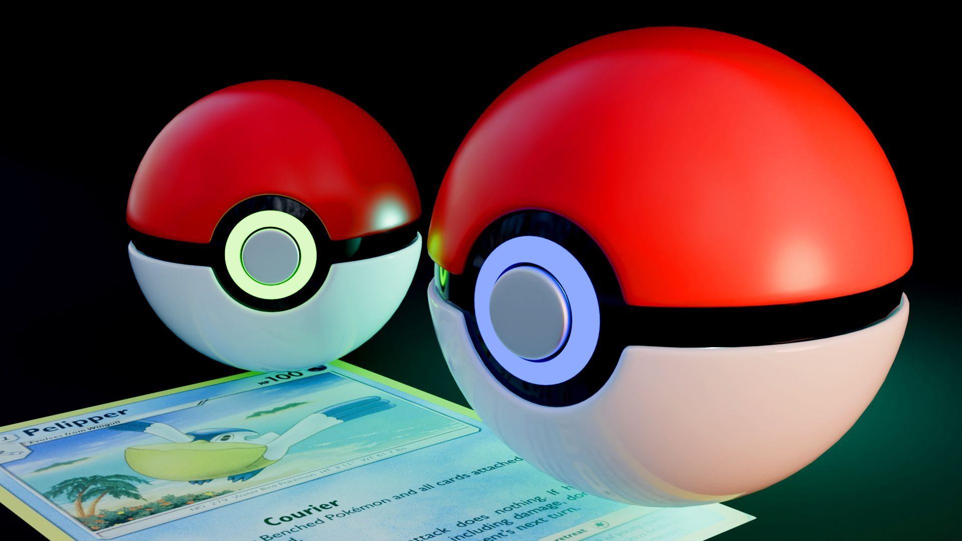 A pair of Pokéballs sat on top of a Pelipper card.