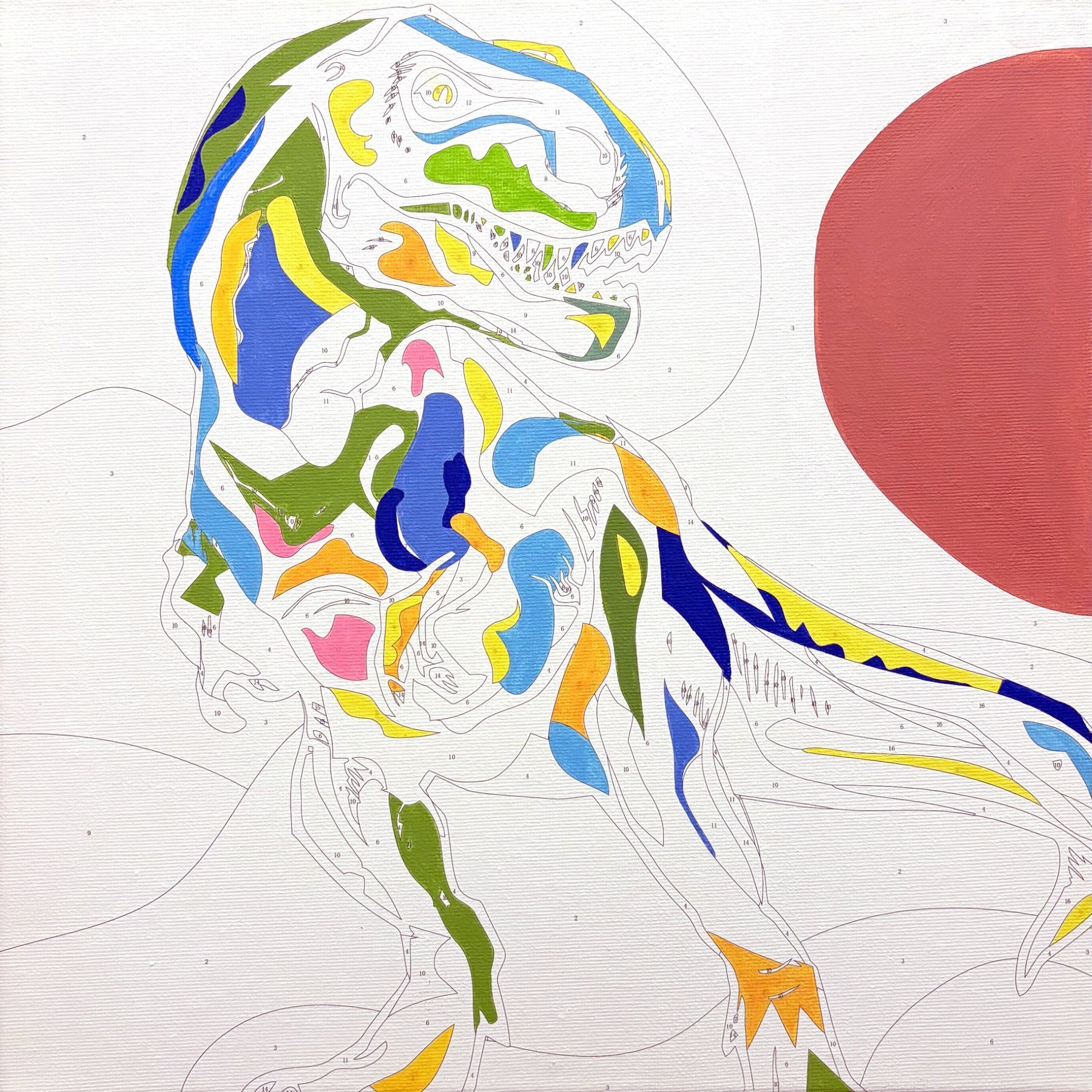 A partly finished T-Rex paint by numbers.