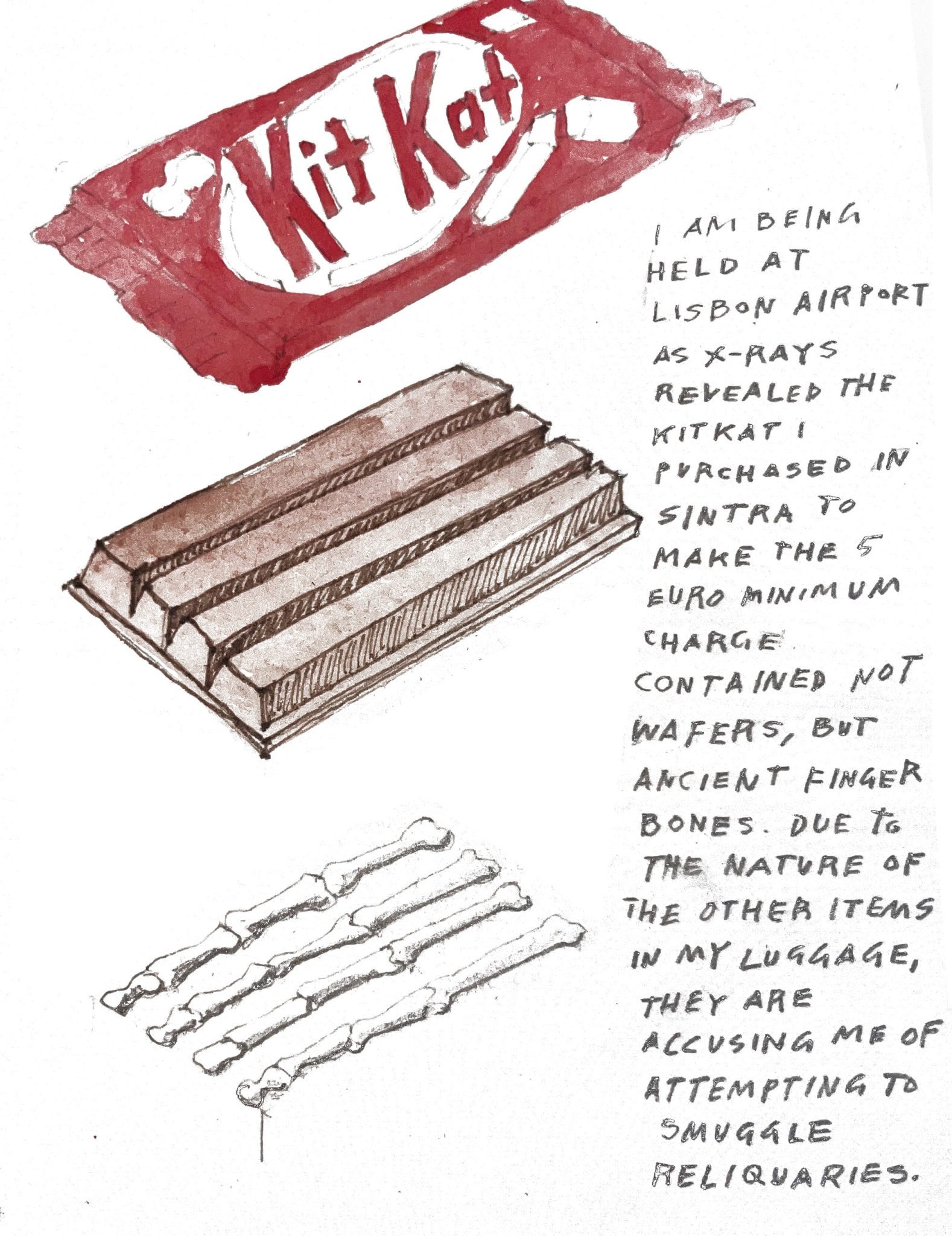Drawing of a Kit Kat packaging, the inside of a Kit Kat and four finger bones.