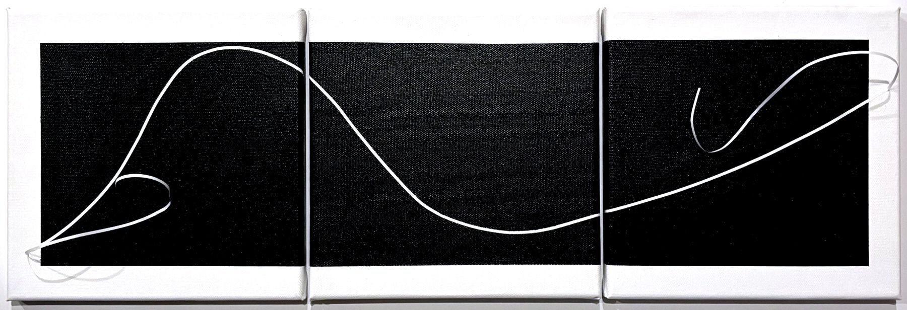 A triptych in which a white line meanders across black canvases, entering and leaving as a three dimensional line.