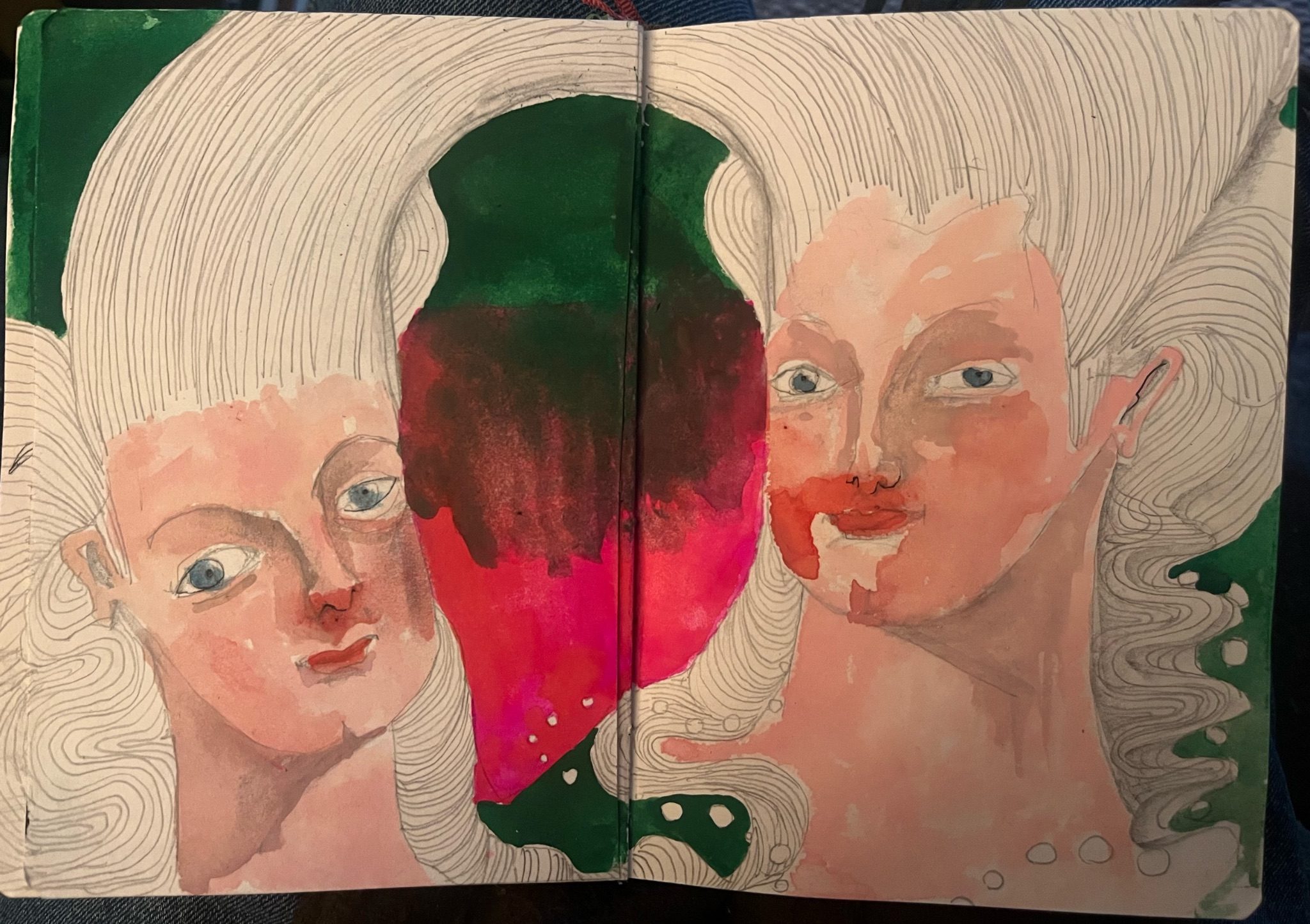 Painting in a book of two Marie Antoinette's joined at the hair