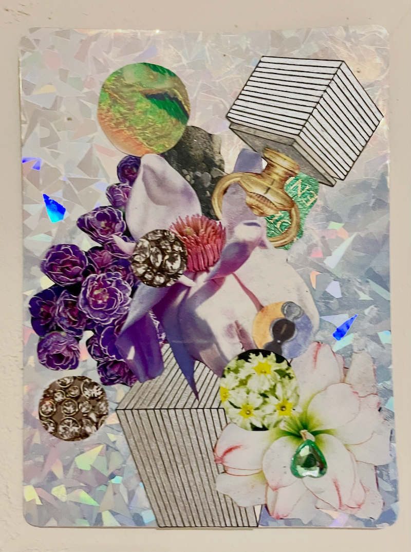 Collage on holographic paper with floral imagery, silver cubes and gemstones