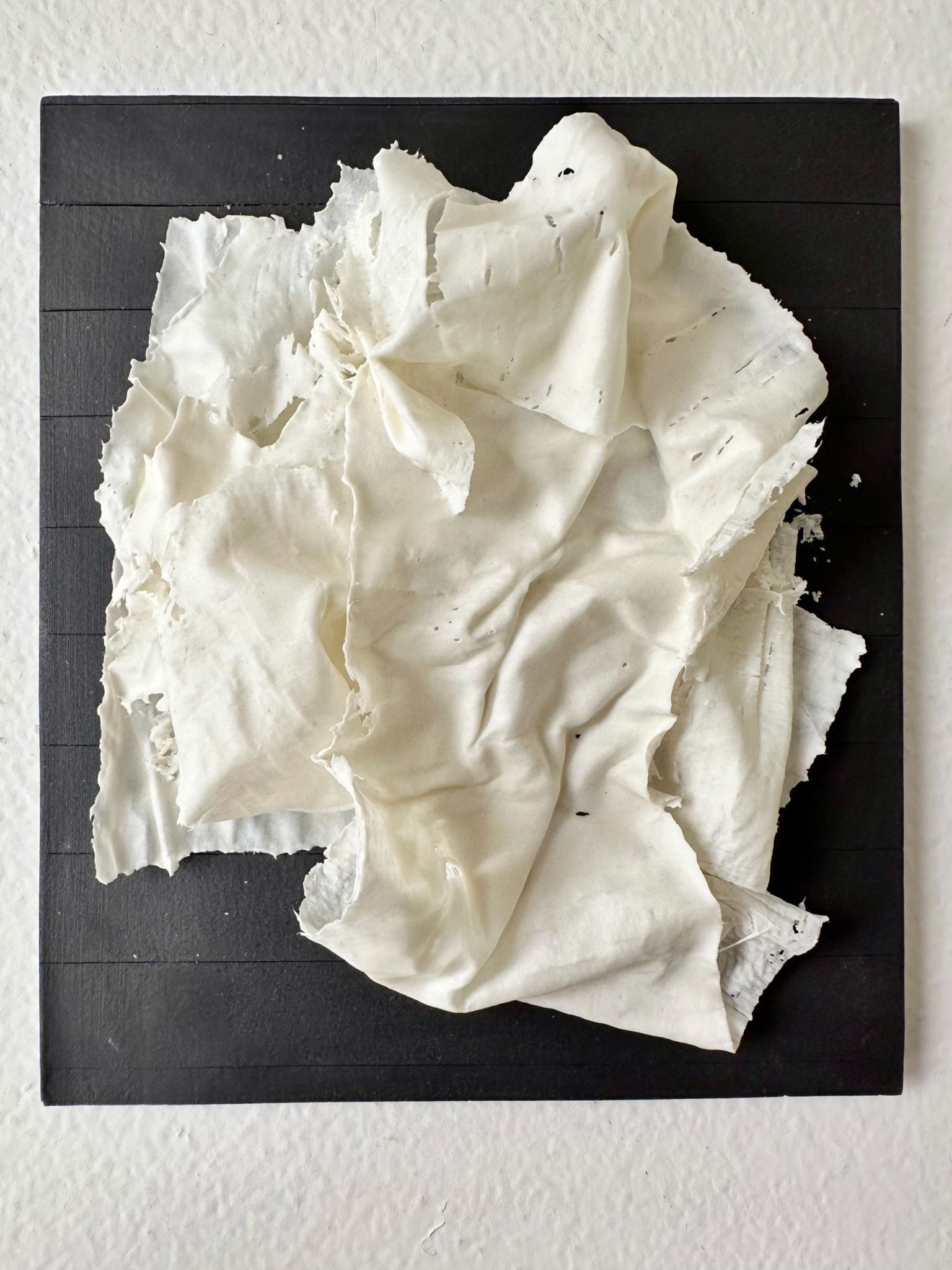 Paper dipped into porcelain casting slip and fired on piece of black lined porcelain