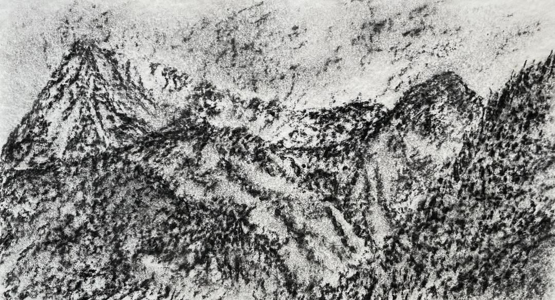 Charcoal landscape drawing of Highland mountains