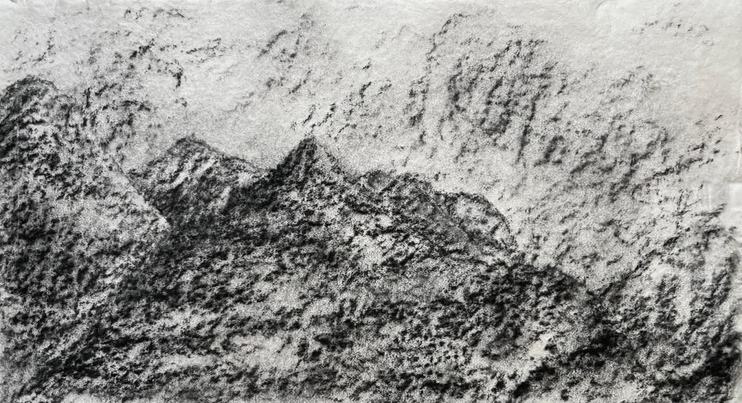 Charcoal landscape drawing of Scottish Highland mountains
