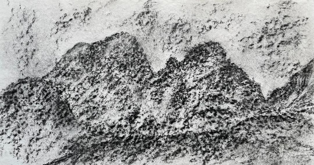 Charcoal landscape drawing of Hebridean mountains over a loch