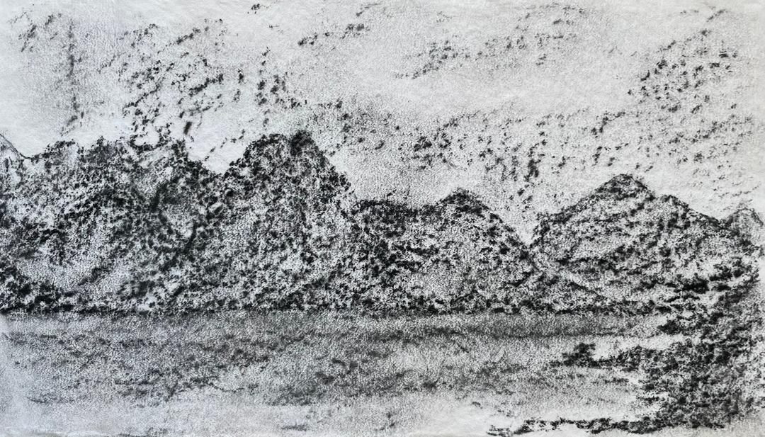 Charcoal landscape drawing of Hebridean mountains over a loch