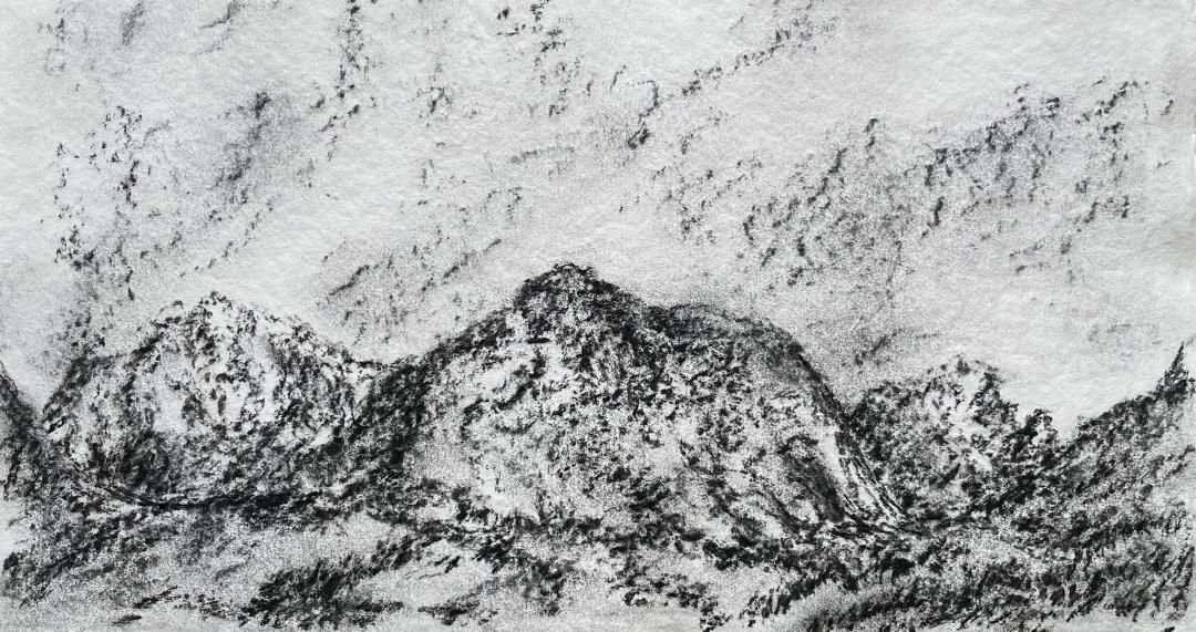 Charcoal landscape drawing of Hebridean mountains