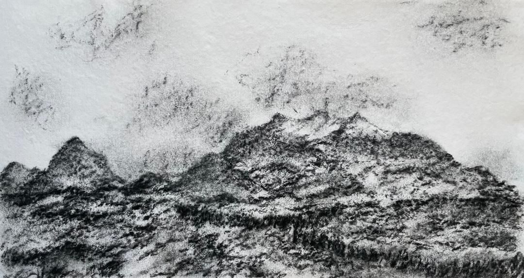 Charcoal landscape drawing of Hebridean mountains