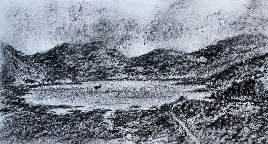 Charcoal landscape drawing of mountains and a loch in the Scottish Highlands