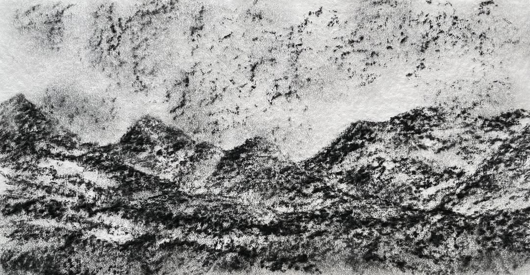Charcoal landscape drawing of mountains in the Scottish Highlands