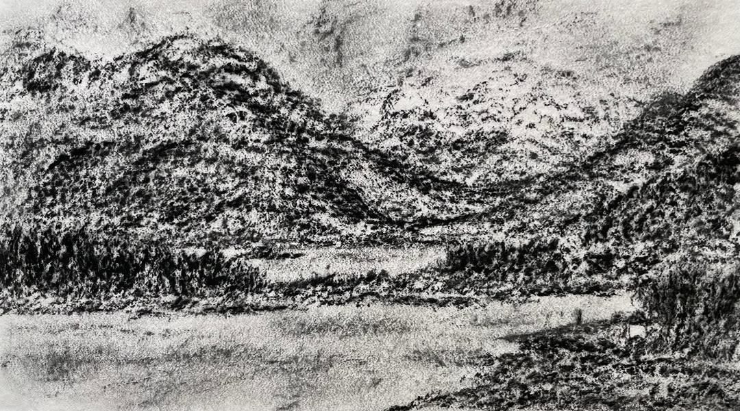 Charcoal landscape drawing of mountains and lochs in the Scottish Highlands