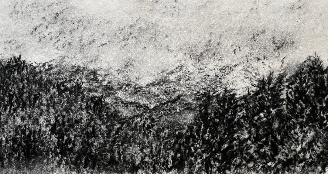 Charcoal landscape drawing of mountains in the Scottish Highlands