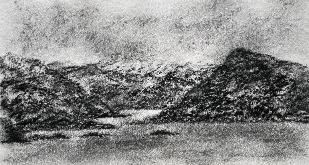 Charcoal landscape drawing of mountains and lochs  in the Scottish Highlands