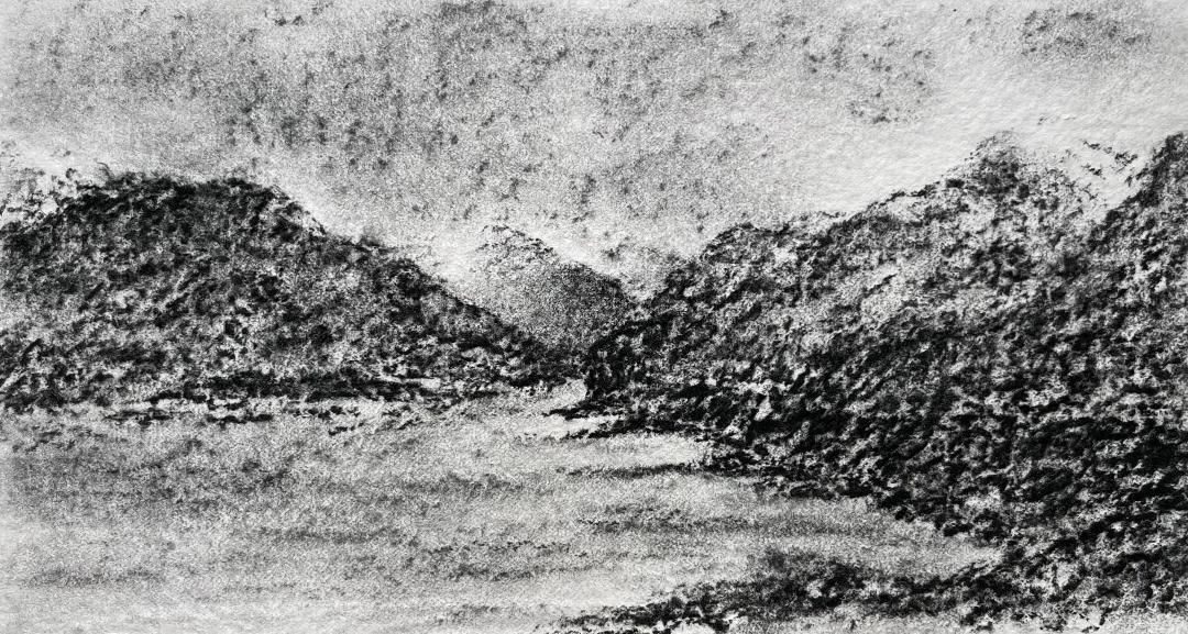 Charcoal landscape drawing of mountains and lochs  in the Scottish Highlands