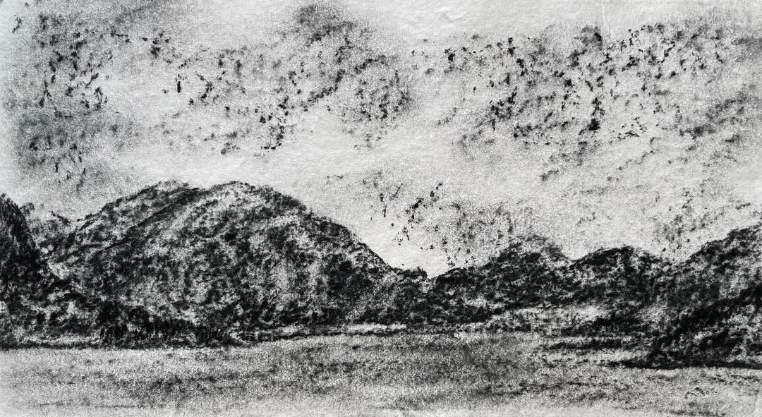 Charcoal landscape drawing of mountains and lochs  in the Scottish Highlands