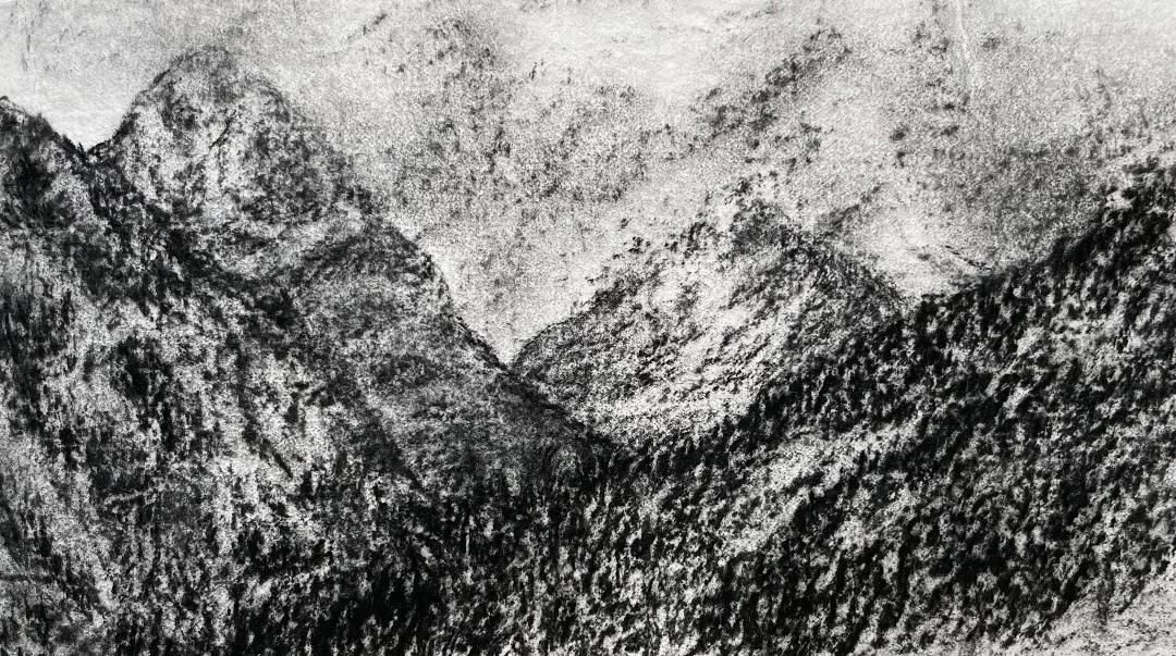 Charcoal landscape drawing of mountains in the Scottish Highlands