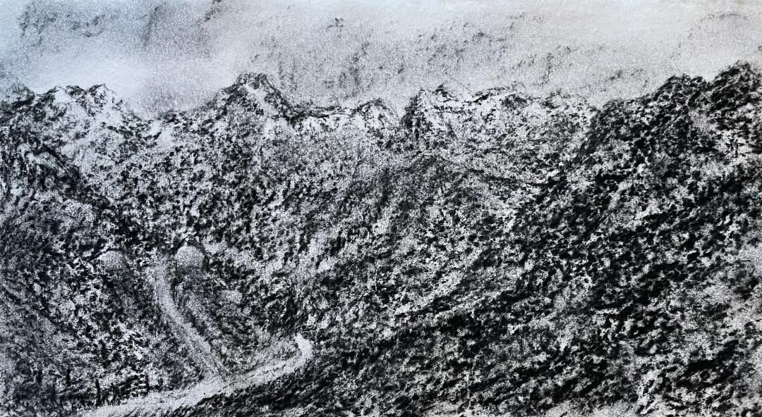 Charcoal landscape drawing of mountains in the Scottish Highlands