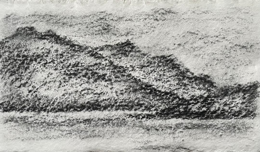Charcoal landscape drawing of Hebridean mountains heading to the sea