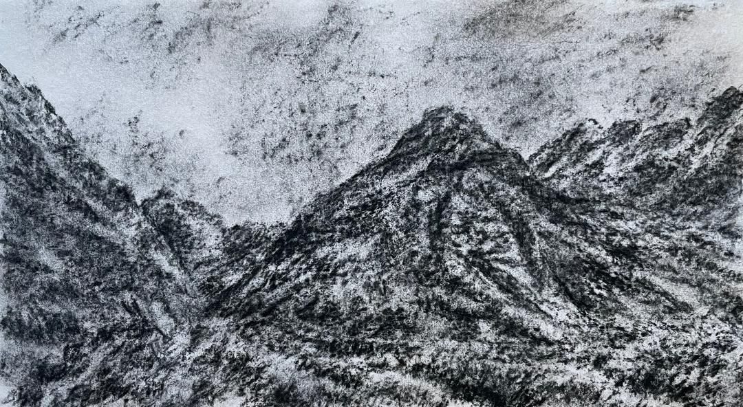 Charcoal landscape drawing of mountains in the Scottish Highlands