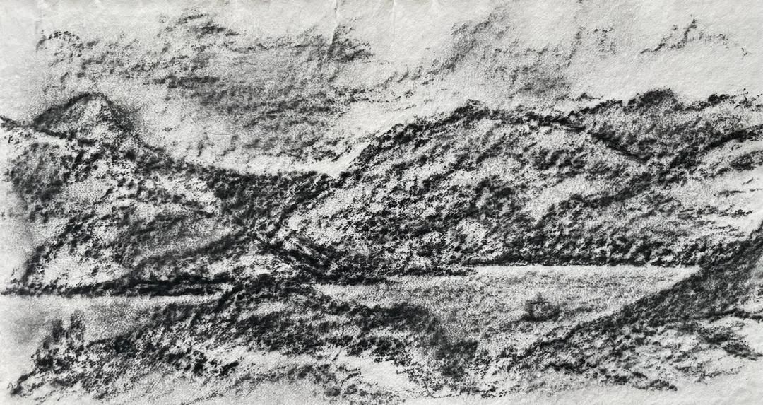 Charcoal landscape drawing of Hebridean mountains heading to the sea