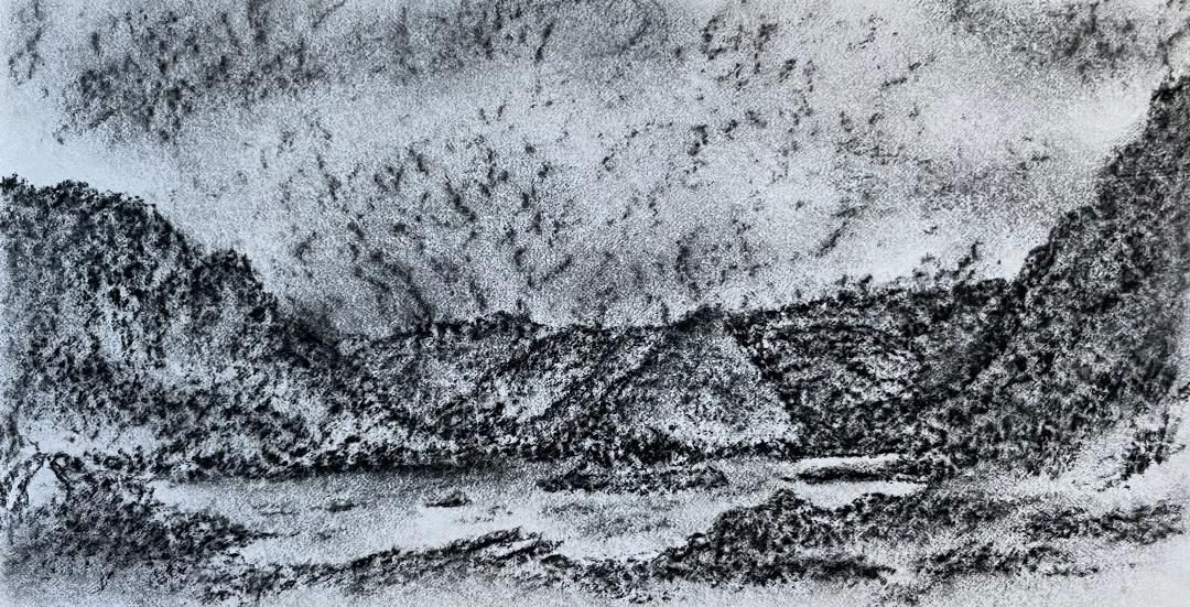Charcoal landscape drawing of Hebridean mountains heading to the sea