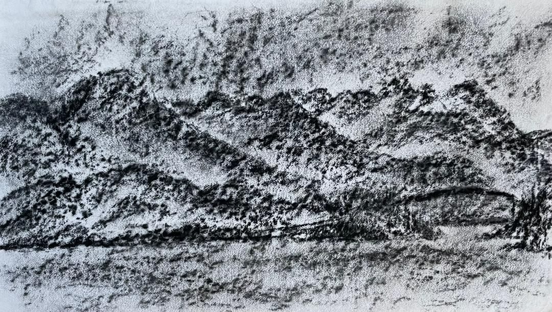 Charcoal landscape drawing of Hebridean mountains heading to the sea