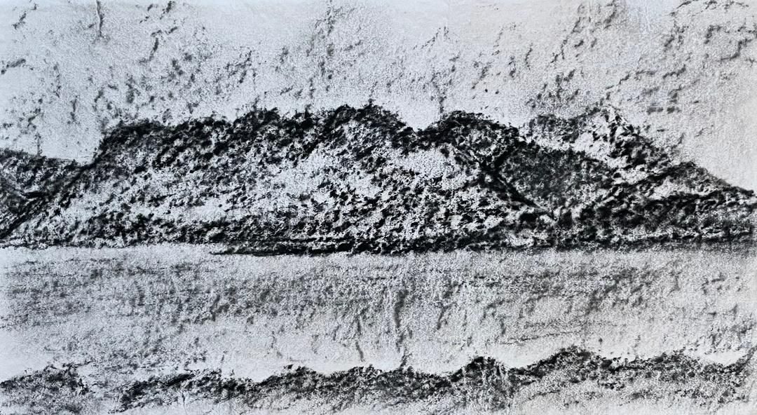 Charcoal landscape drawing of Hebridean mountains heading to the sea