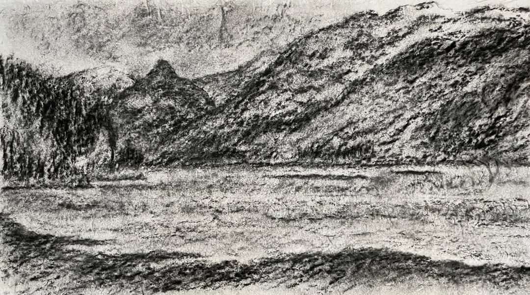 Charcoal landscape drawing of Hebridean mountains over a loch