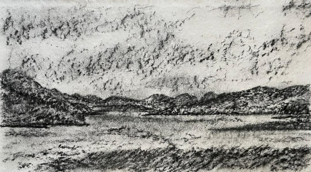 Charcoal landscape drawing of Hebridean mountains over a loch