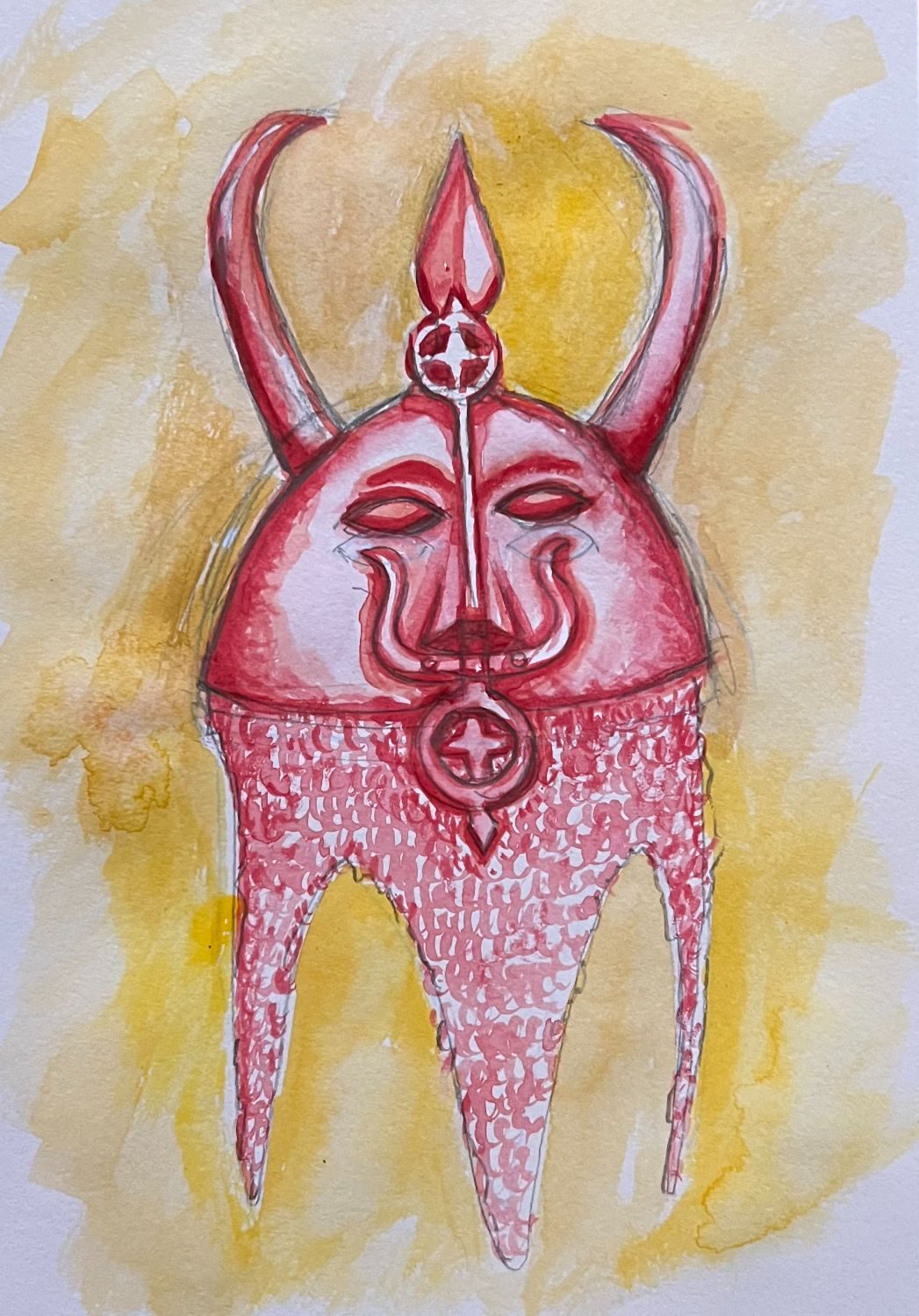 Watercolour painting of an Indo-Persian helmet, sometimes referred to as a 'demon or devil mask'
