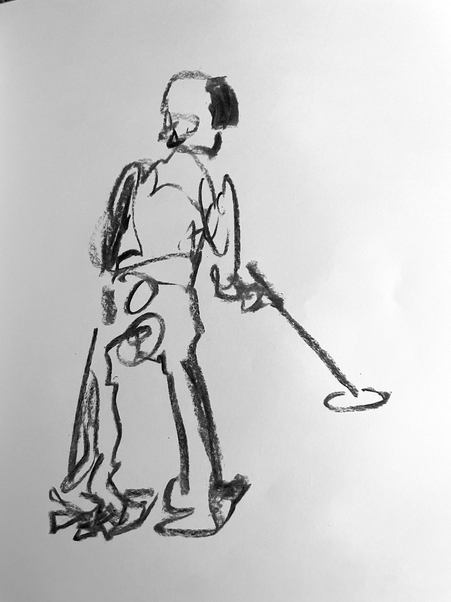 A charcoal drawing of a metal detectorist