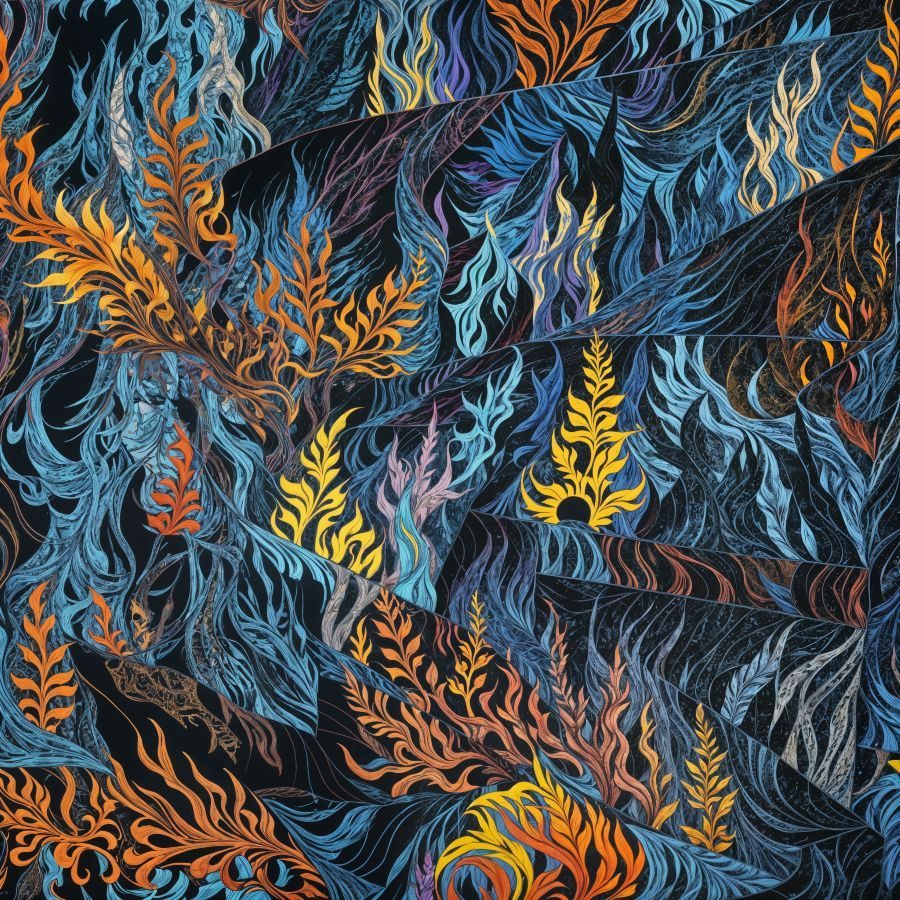 A graphic image of layers of foxgloves in blue yellow and orange on a back background