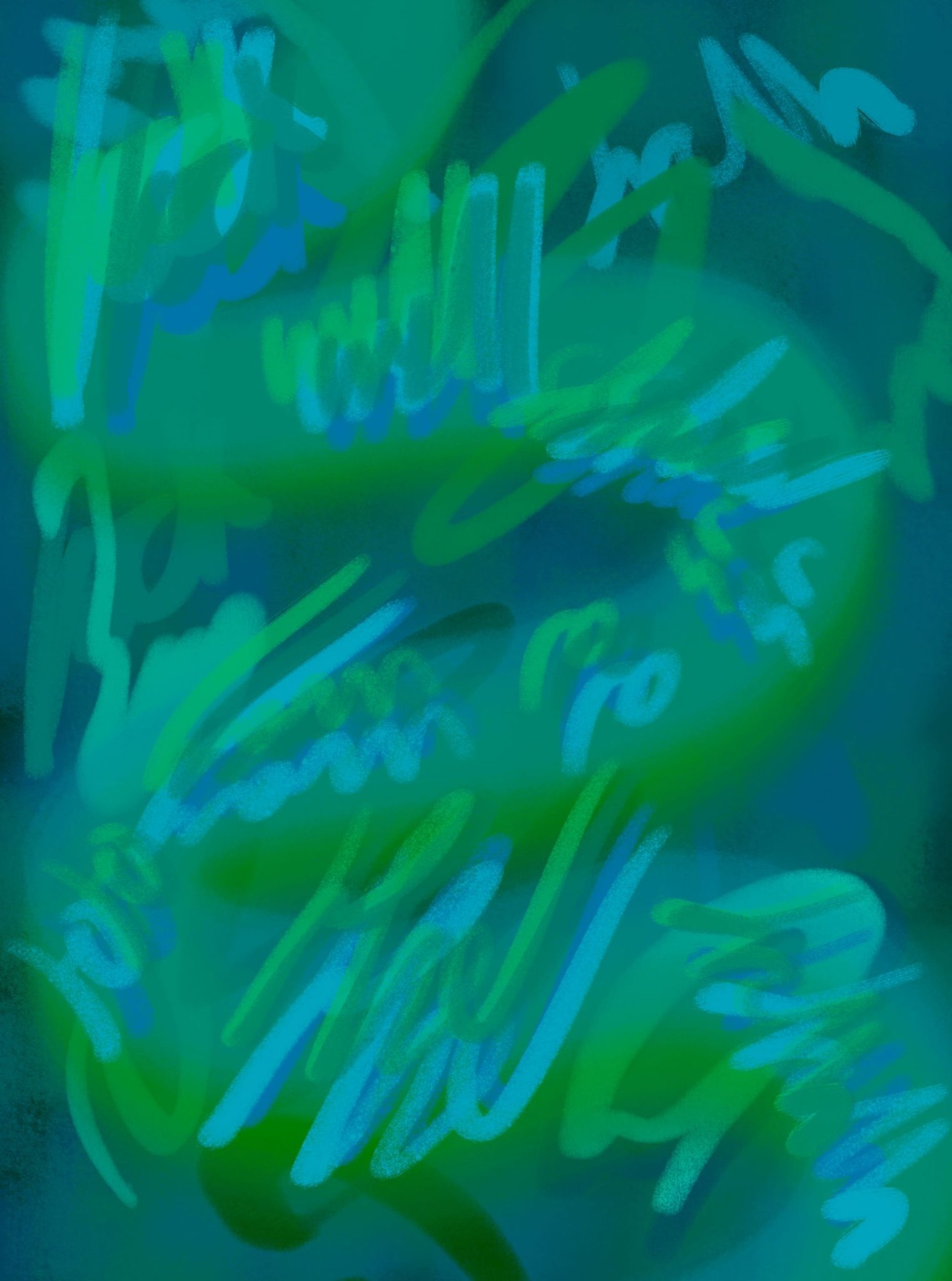 Vibrant Green and blue marks snaking across the page, some vague text or characters distorted turning and twisting in different directions, you can maybe make out words like will, way, luck and truth... the rest is up to your imaginations