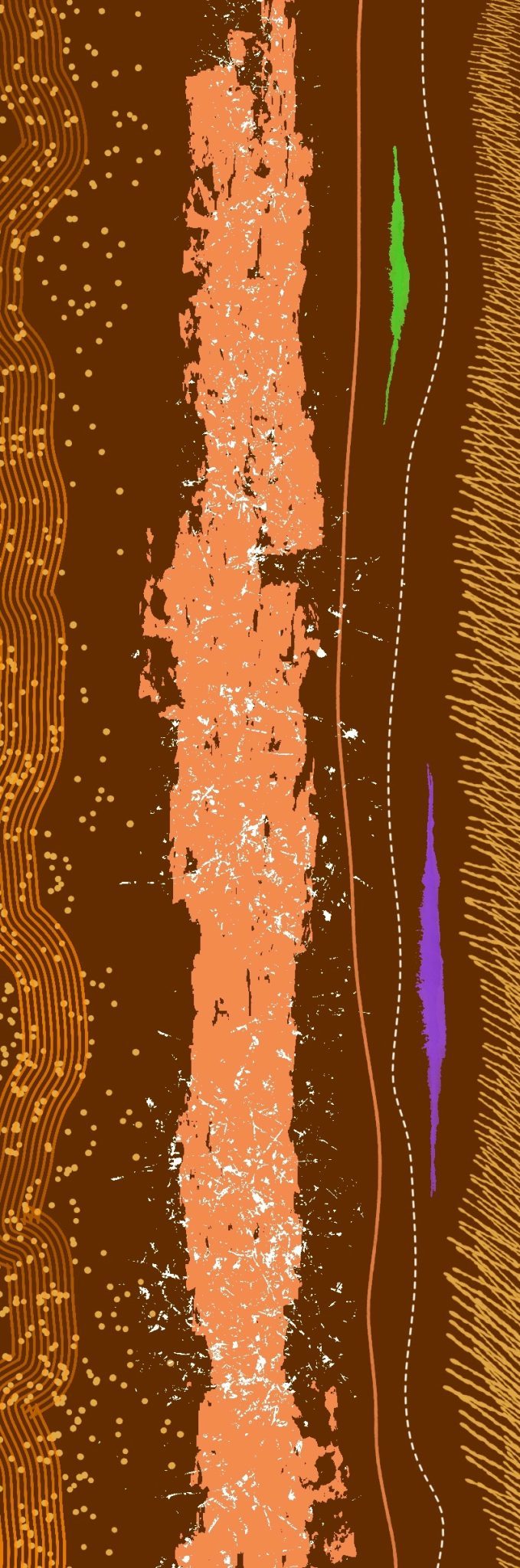 Lines of different textures going top to bottom of a tall thin canvas mostly shades of orange on red with small streaks of blue and green